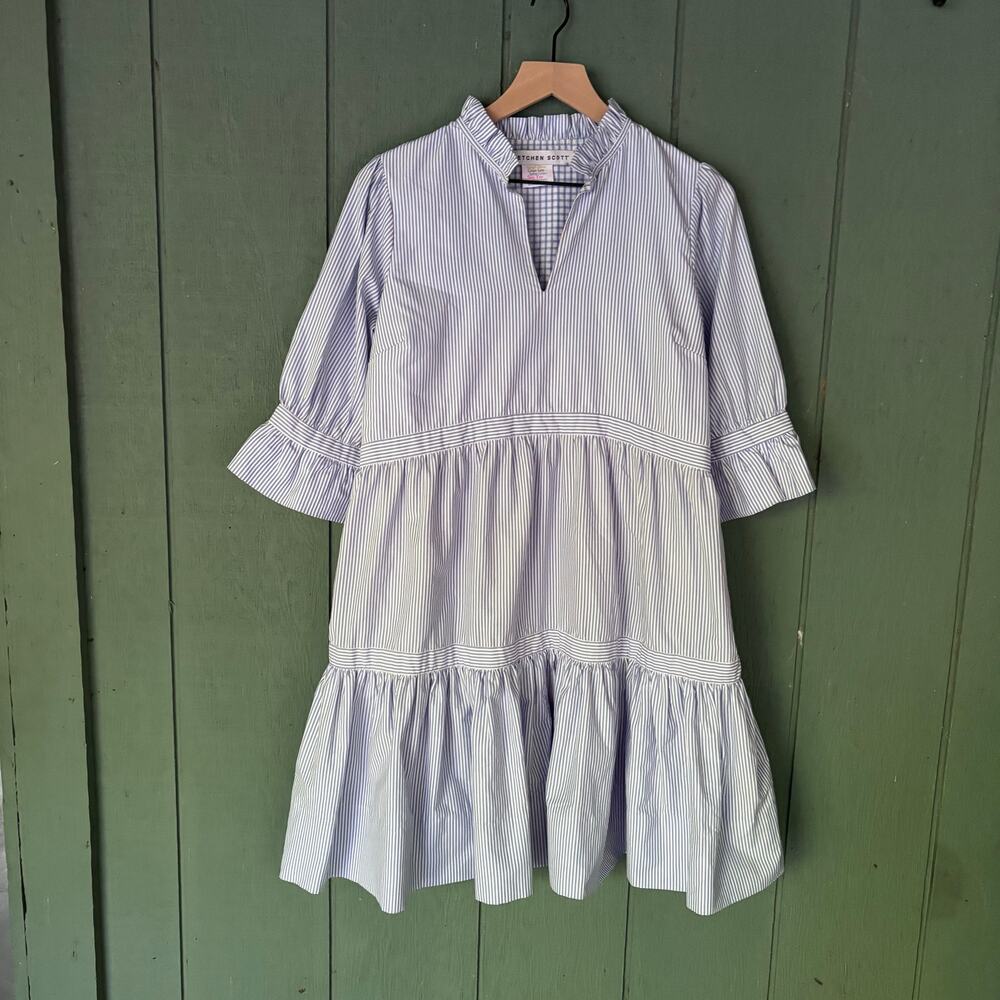 Gretchen Scott Blue and White Striped "So Sweet" Cotton Ruffle Dress SzM Preppy - Picture 2 of 9